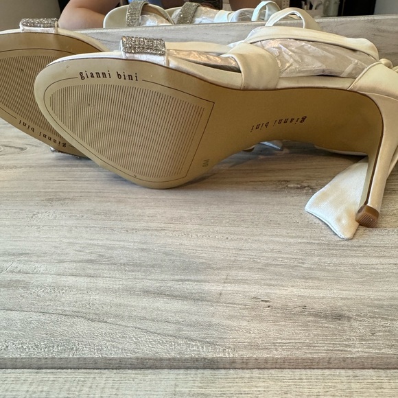 Gianni Bini Cream Satin Heels with Rhinestone Strap - Picture 6 of 14